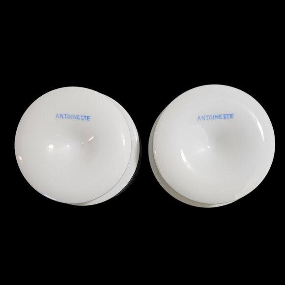 Pair of Antoinette Pedestal Dessert Bowls Black & Aqua Scroll Design, 3.5” Wide - Picture 5 of 5